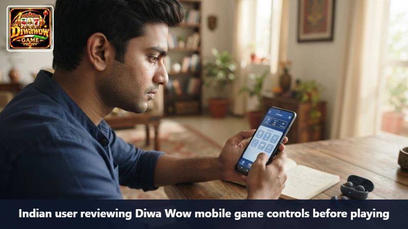 Indian user reviewing Diwa Wow mobile game controls before playing