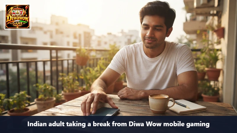 Indian adult taking a break from Diwa Wow mobile gaming